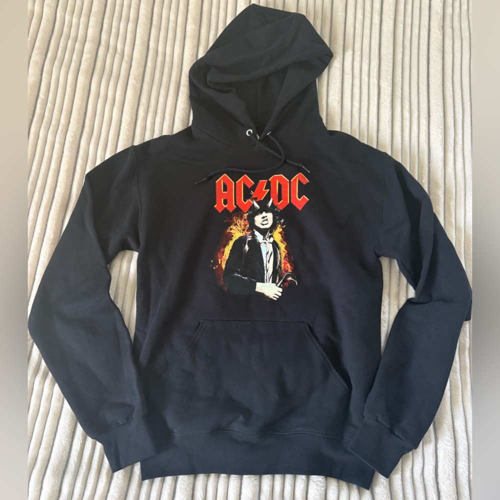 NWT AC/DC Mens Angus Young Graphic Hoodie Black Fleece Pullover  Sweatshirt SzS